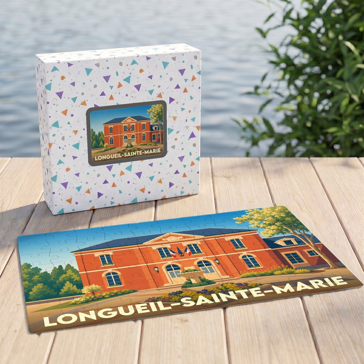 Puzzle souvenir de la ville de Longueil-Sainte-Marie avec une illustration stylisée de sa mairie.