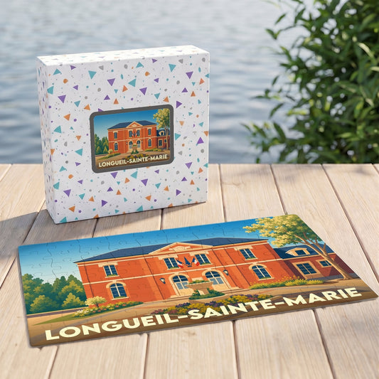 Puzzle souvenir de la ville de Longueil-Sainte-Marie avec une illustration stylisée de sa mairie.