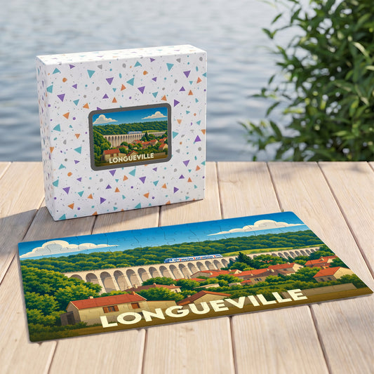 Puzzle souvenir de la ville de Longueville avec une illustration stylisée d'un viaduc et son coffret assorti.