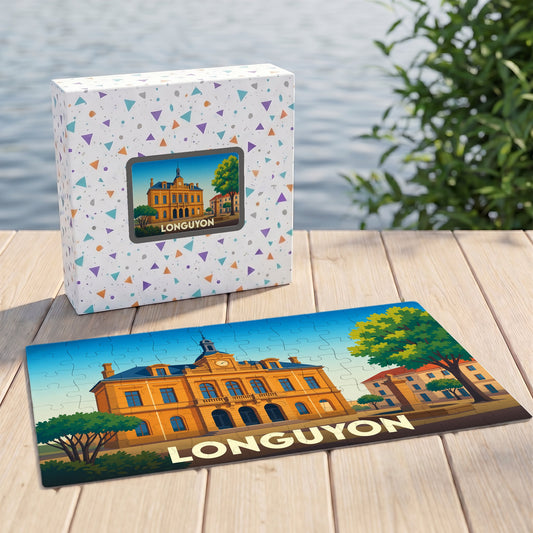 Puzzle souvenir de la ville de Longuyon avec une illustration stylisée et colorée de son hôtel de ville.