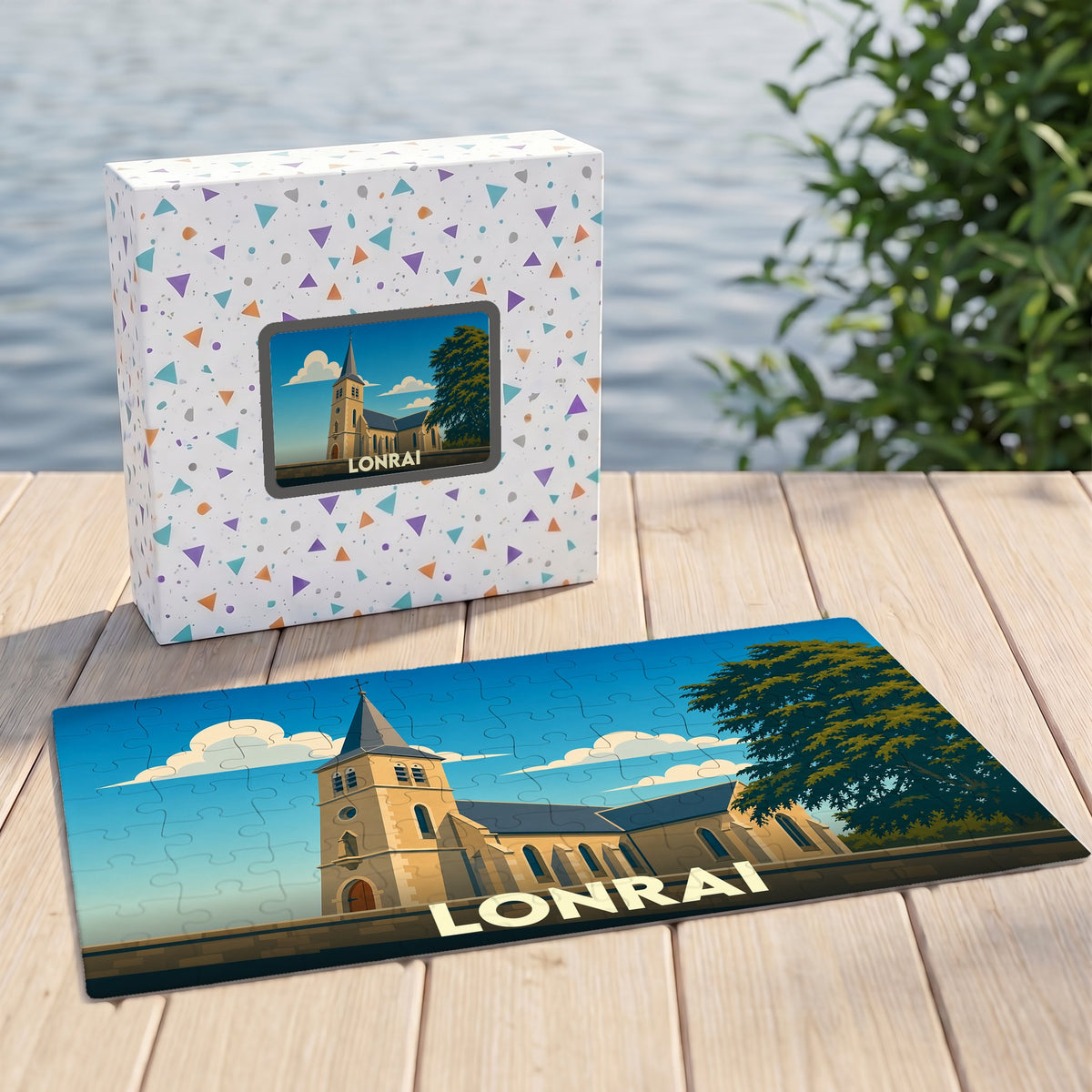 Puzzle souvenir de la ville de Lonrai avec une illustration stylisée de son église.