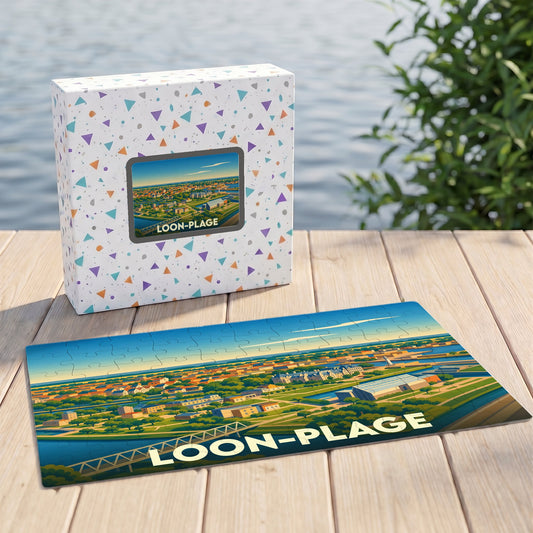 Puzzle souvenir de la ville de Loon-Plage avec une illustration panoramique stylisée.
