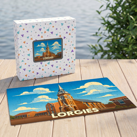 Puzzle souvenir de la ville de Lorgies avec une illustration stylisée de son église.