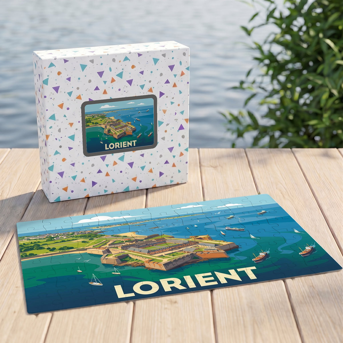Puzzle souvenir de la ville de Lorient avec une illustration stylisée de sa côte et de sa citadelle.