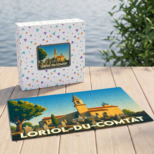 Puzzle souvenir de Loriol-du-Comtat représentant son église et ses paysages sous forme d'illustration stylisée.
