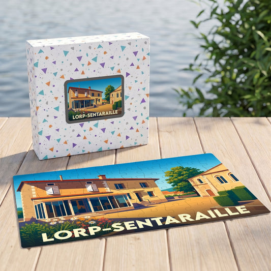 Puzzle souvenir de la ville de Lorp-Sentaraille avec une illustration de paysage urbain coloré.