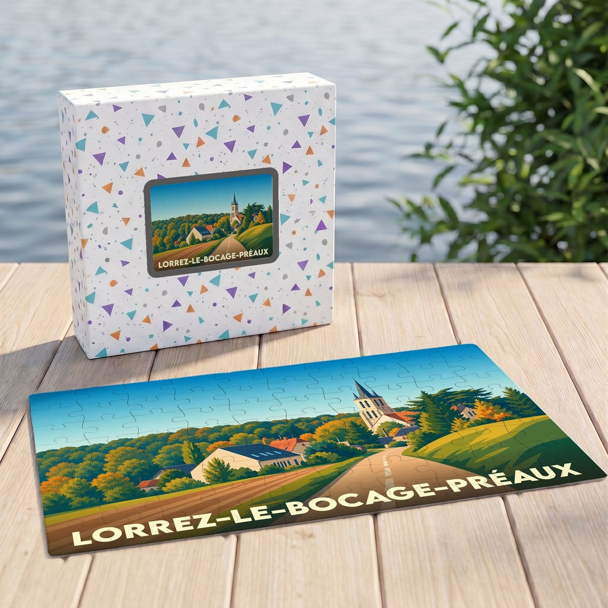 Puzzle souvenir de la ville de Lorrez-le-Bocage-Préaux avec une illustration stylisée de son église et de ses paysages.