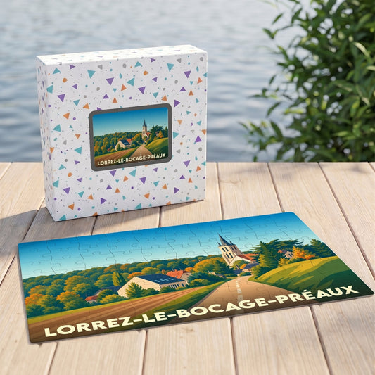 Puzzle souvenir de la ville de Lorrez-le-Bocage-Préaux avec une illustration stylisée de son église et de ses paysages.