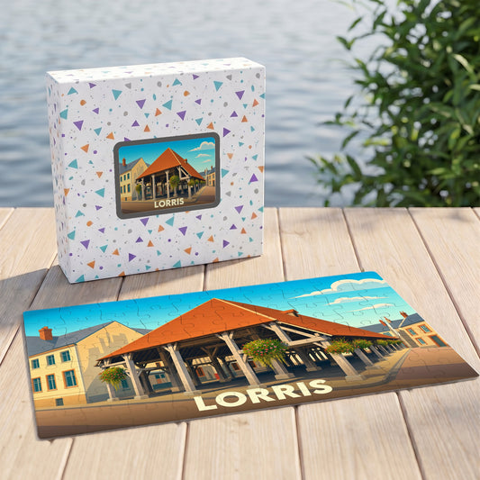 Puzzle souvenir de la ville de Lorris avec une illustration stylisée de ses halles historiques.