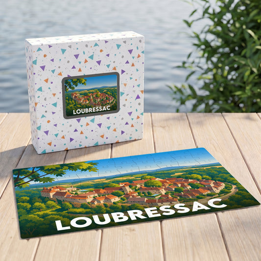 Puzzle souvenir de la ville de Loubressac avec une illustration paysagère stylisée, présenté devant sa boîte sur un ponton en bois.