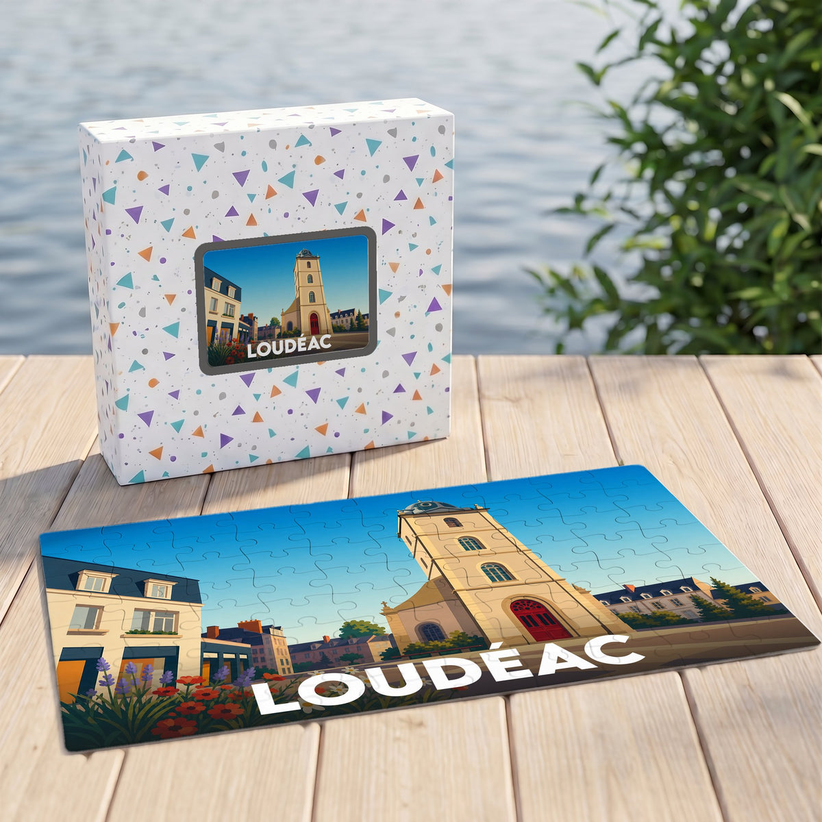 Puzzle souvenir de la ville de Loudéac avec une illustration stylisée d'un clocher et de maisons.