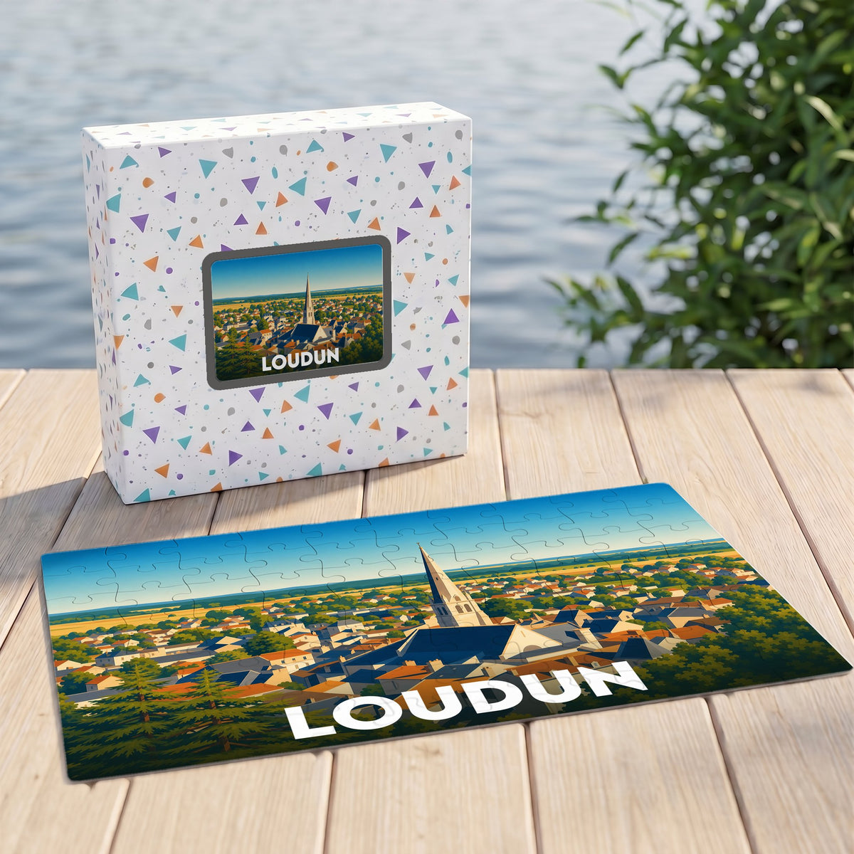 Puzzle souvenir de la ville de Loudun avec une illustration stylisée et colorée.