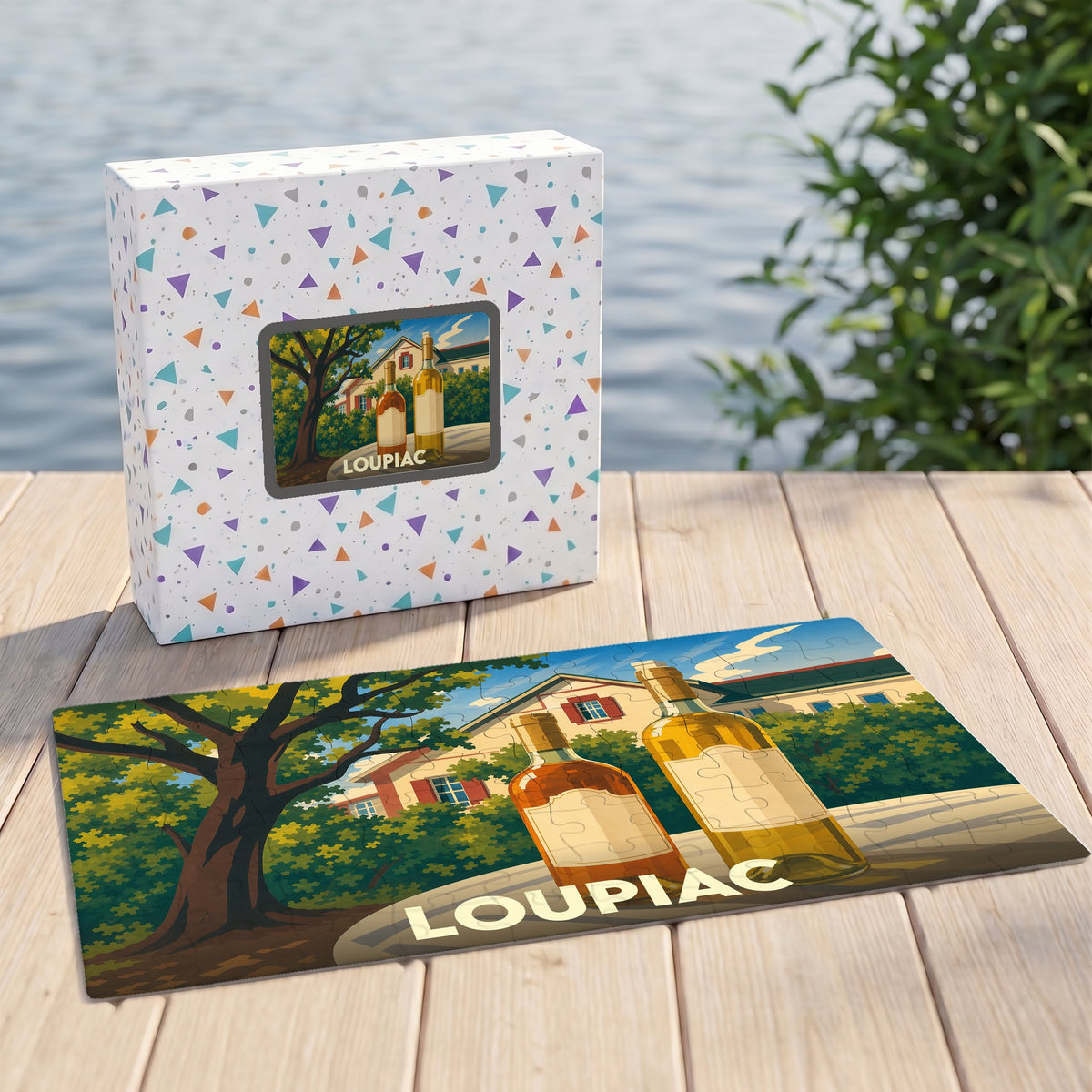 Puzzle souvenir de la ville de Loupiac avec une illustration de bouteilles de vin devant une bâtisse.