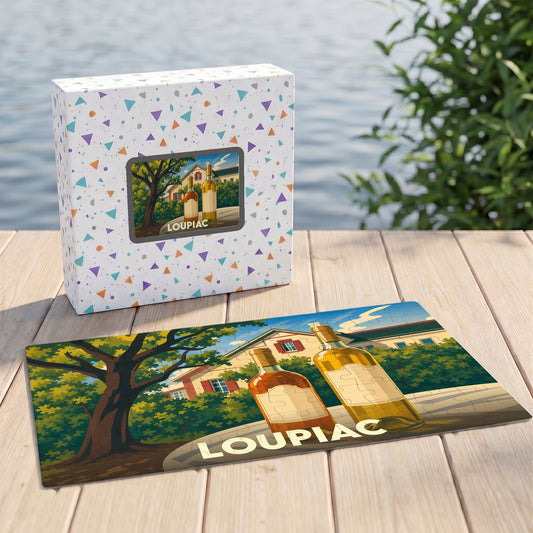 Puzzle souvenir de la ville de Loupiac avec une illustration de bouteilles de vin devant une bâtisse.