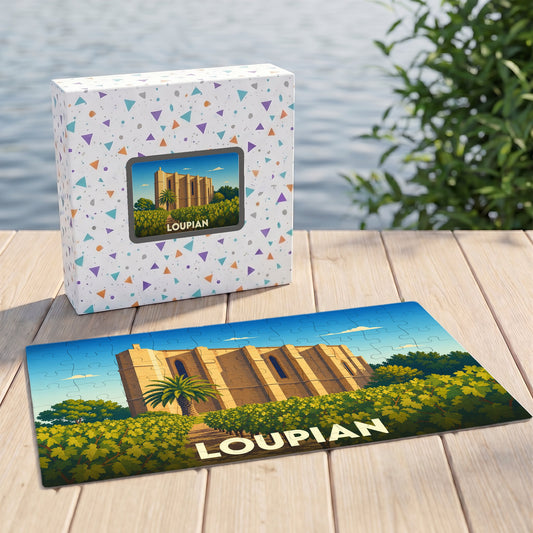 Puzzle souvenir de la ville de Loupian avec une illustration stylisée de son église et de ses vignes.