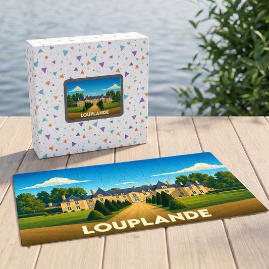 Puzzle souvenir de la ville de Louplande avec une illustration stylisée de son château.