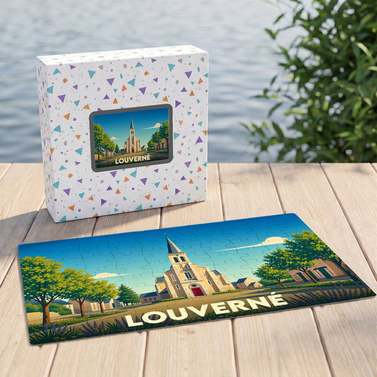 Puzzle souvenir de la ville de Louverné avec son illustration stylisée et sa boîte assortie.