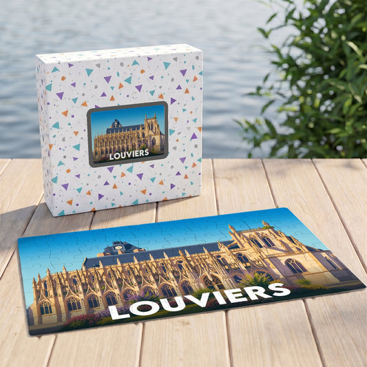Puzzle souvenir de la ville de Louviers avec une illustration stylisée de son église gothique.
