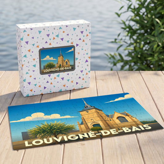 Puzzle souvenir de la ville de Louvigné-de-Bais avec une illustration stylisée de son église.