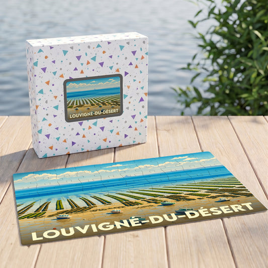 Puzzle souvenir de la ville de Louvigné-du-Désert avec une illustration stylisée de parcs à huîtres en bord de mer.
