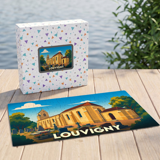 Puzzle souvenir de la ville de Louvigny avec une illustration stylisée de son église.