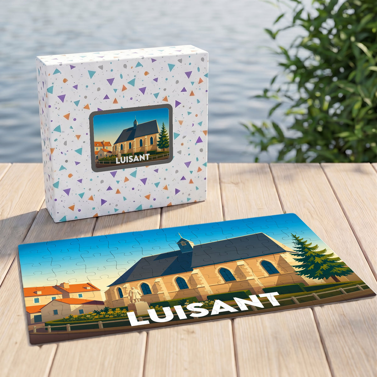 Puzzle souvenir de la ville de Luisant avec une illustration stylisée de son église.