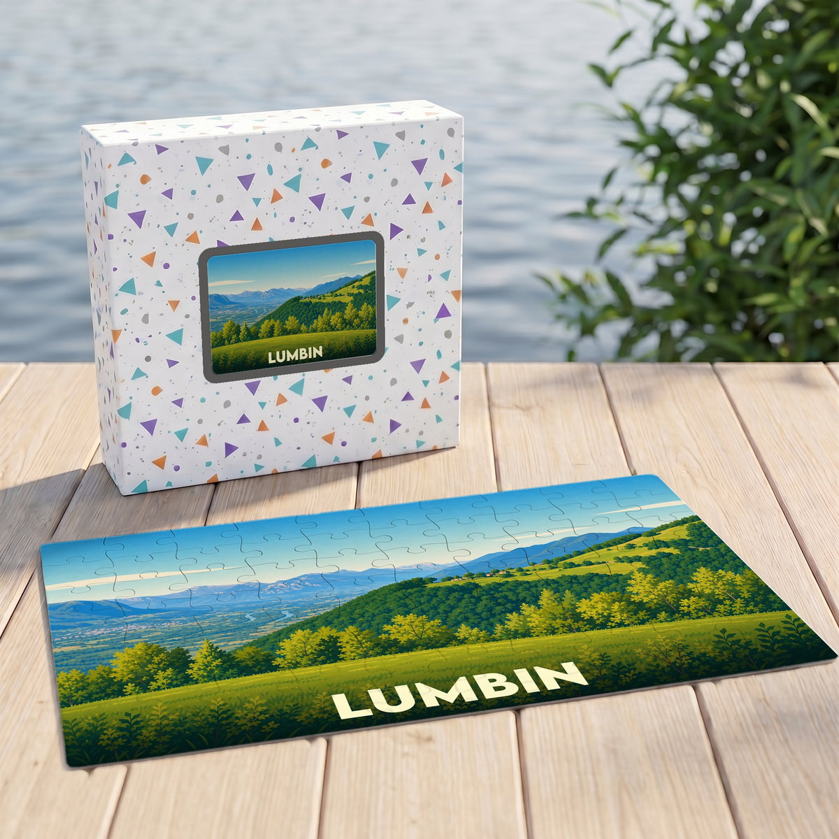 Puzzle souvenir de la ville de Lumbin avec une illustration de paysage de montagne.