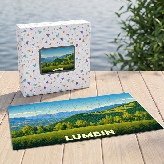 Puzzle souvenir de la ville de Lumbin avec une illustration de paysage de montagne.