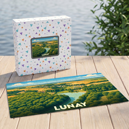 Puzzle souvenir de la ville de Lunay représentant un paysage verdoyant illustré.
