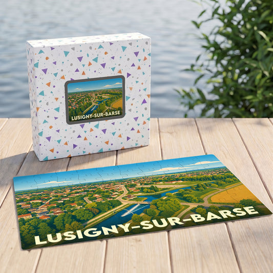 Puzzle souvenir de la ville de Lusigny-sur-Barse avec une illustration stylisée et colorée.