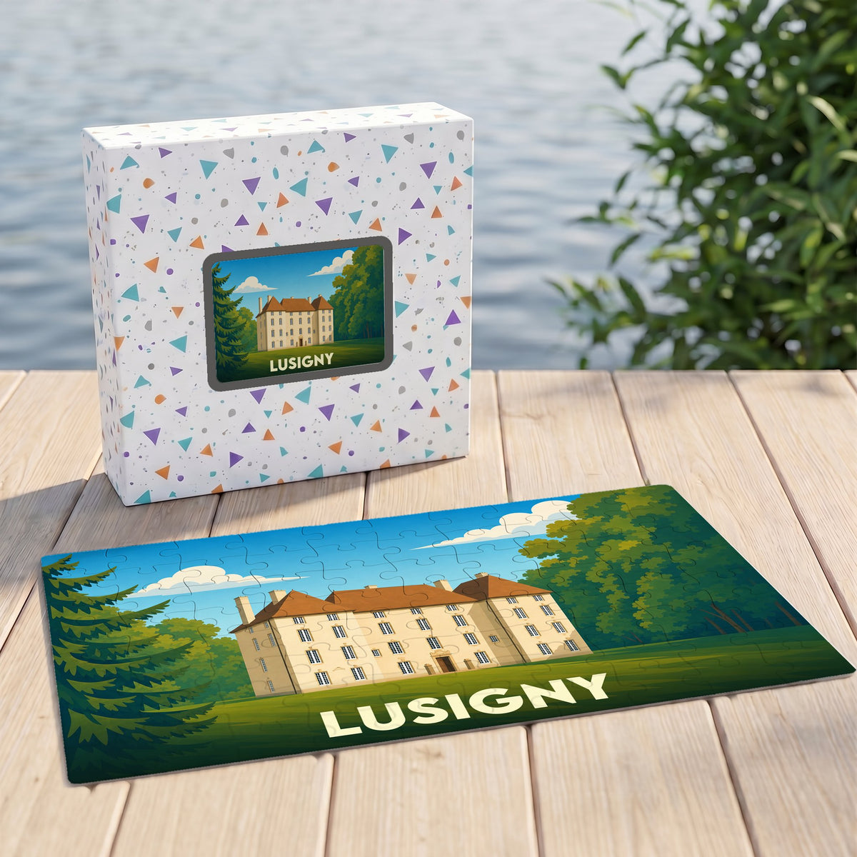 Puzzle souvenir de la ville de Lusigny avec une illustration stylisée d'un château.