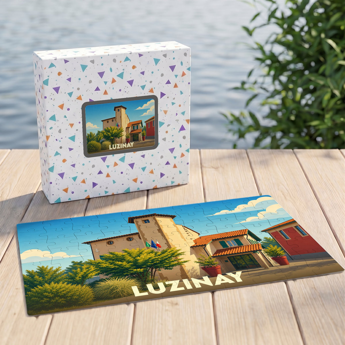 Puzzle souvenir de la ville de Luzinay avec une illustration stylisée d'un bâtiment provençal.