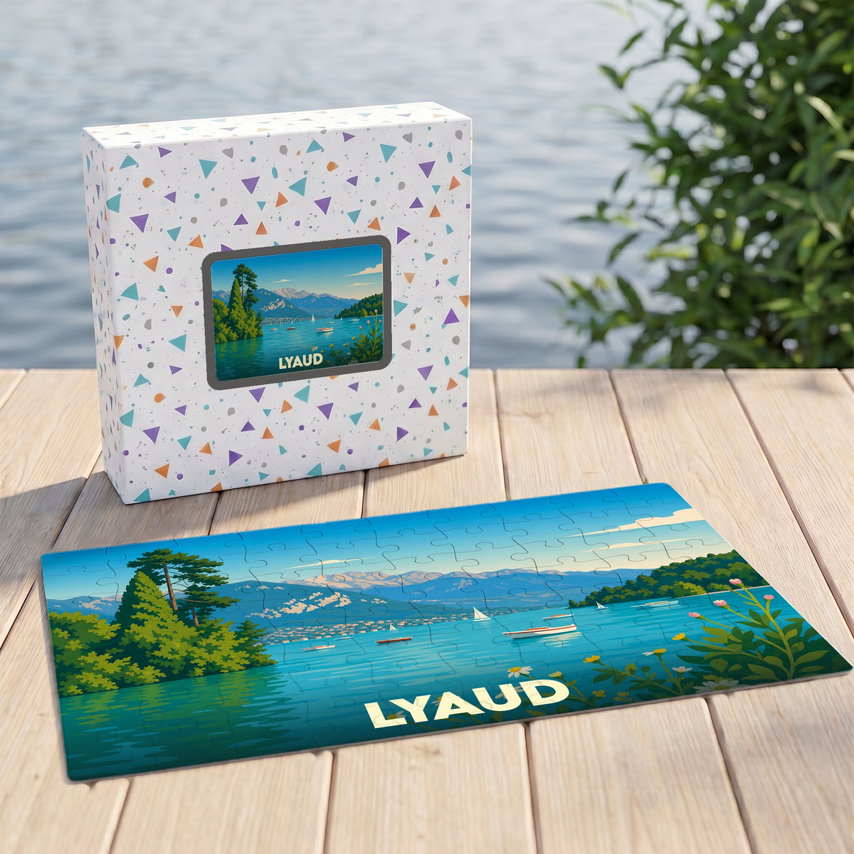 Puzzle souvenir de la ville de Lyaud avec une illustration stylisée de son lac et des montagnes.