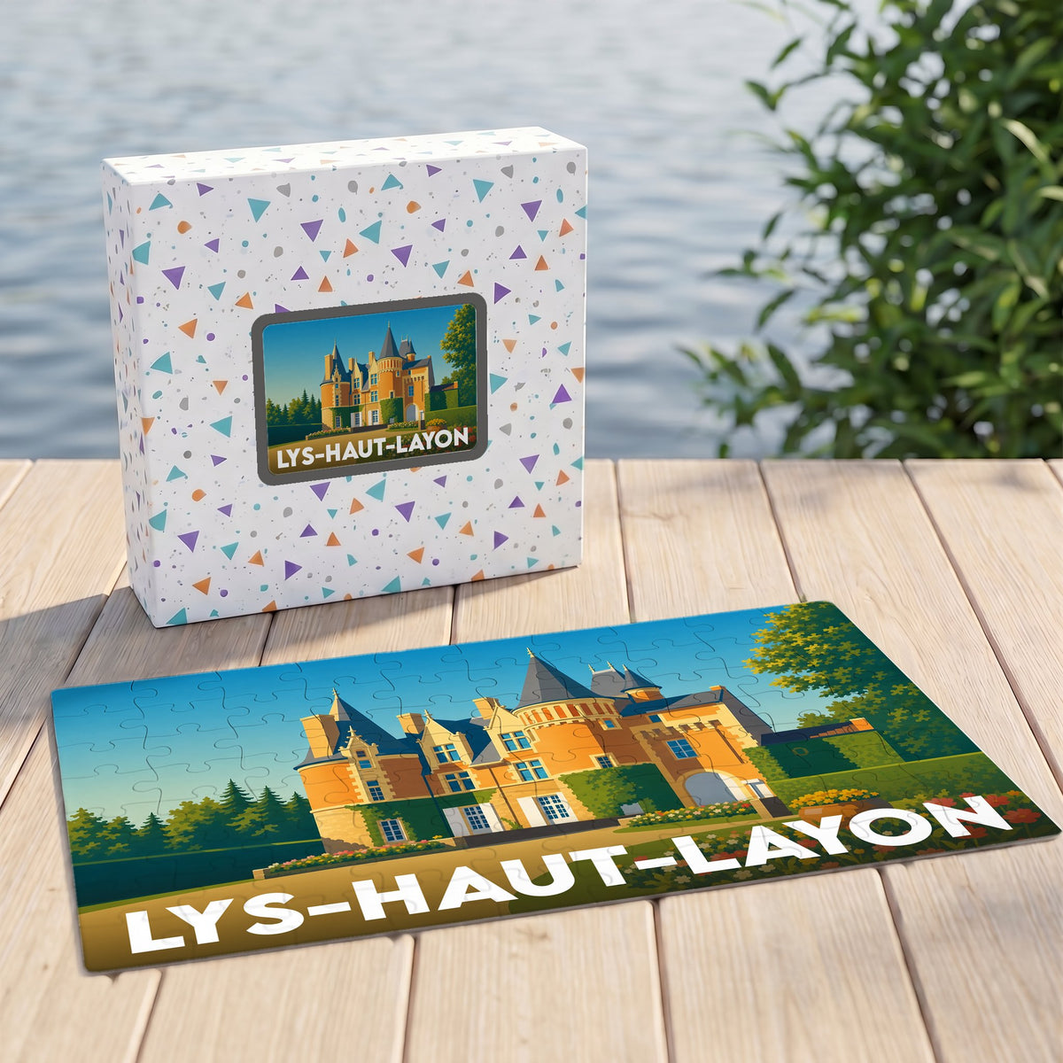 Puzzle souvenir de la ville de Lys-Haut-Layon avec une illustration stylisée d'un château.