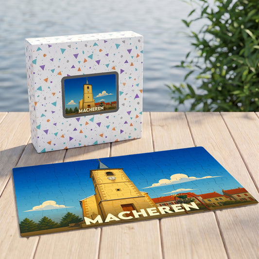 Puzzle souvenir de la ville de Macheren présentant une illustration stylisée de son église sur sa boîte et en version assemblée.