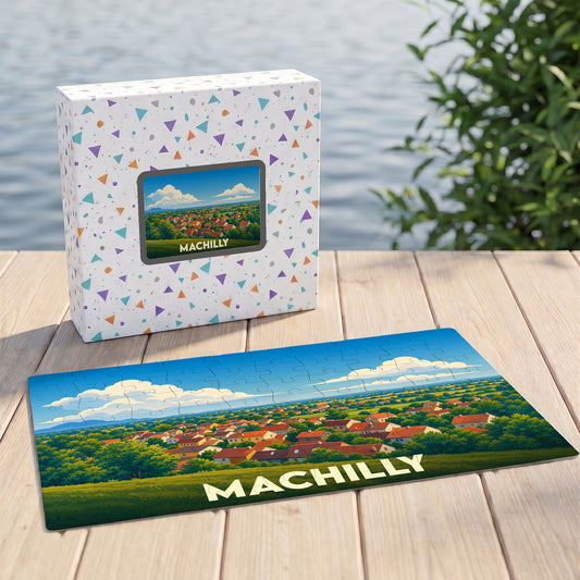 Puzzle souvenir de la ville de Machilly avec une illustration paysagère stylisée.