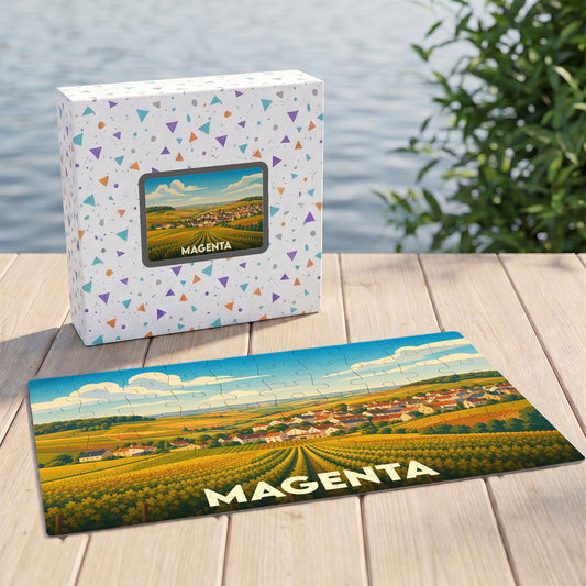 Puzzle souvenir de la ville de Magenta avec une illustration stylisée de paysages vallonnés.