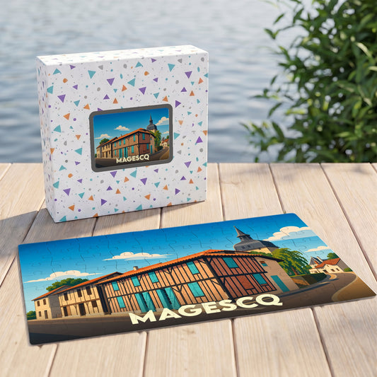 Puzzle souvenir de la ville de Magescq avec une illustration stylisée d'une maison à colombages et son église.