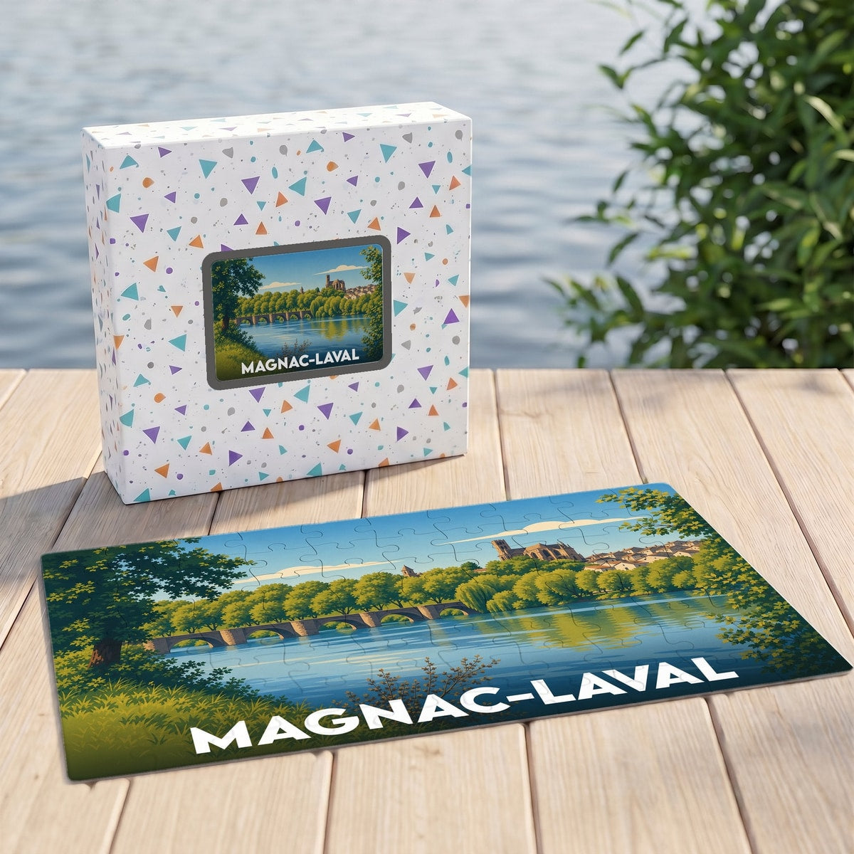 Puzzle souvenir de la ville de Magnac-Laval avec une illustration stylisée d'un pont et d'une rivière.