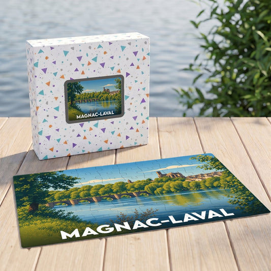 Puzzle souvenir de la ville de Magnac-Laval avec une illustration stylisée d'un pont et d'une rivière.