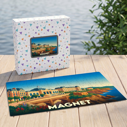 Puzzle souvenir de la ville de Magnet avec une illustration stylisée de son paysage côtier.