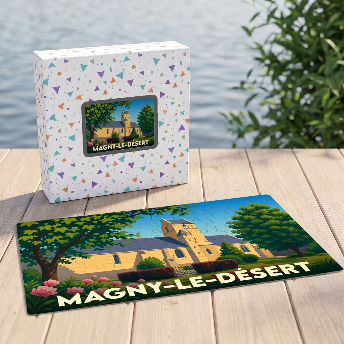 Puzzle souvenir de la ville de Magny-le-Désert avec une illustration stylisée d'une église, posé à côté de sa boîte.