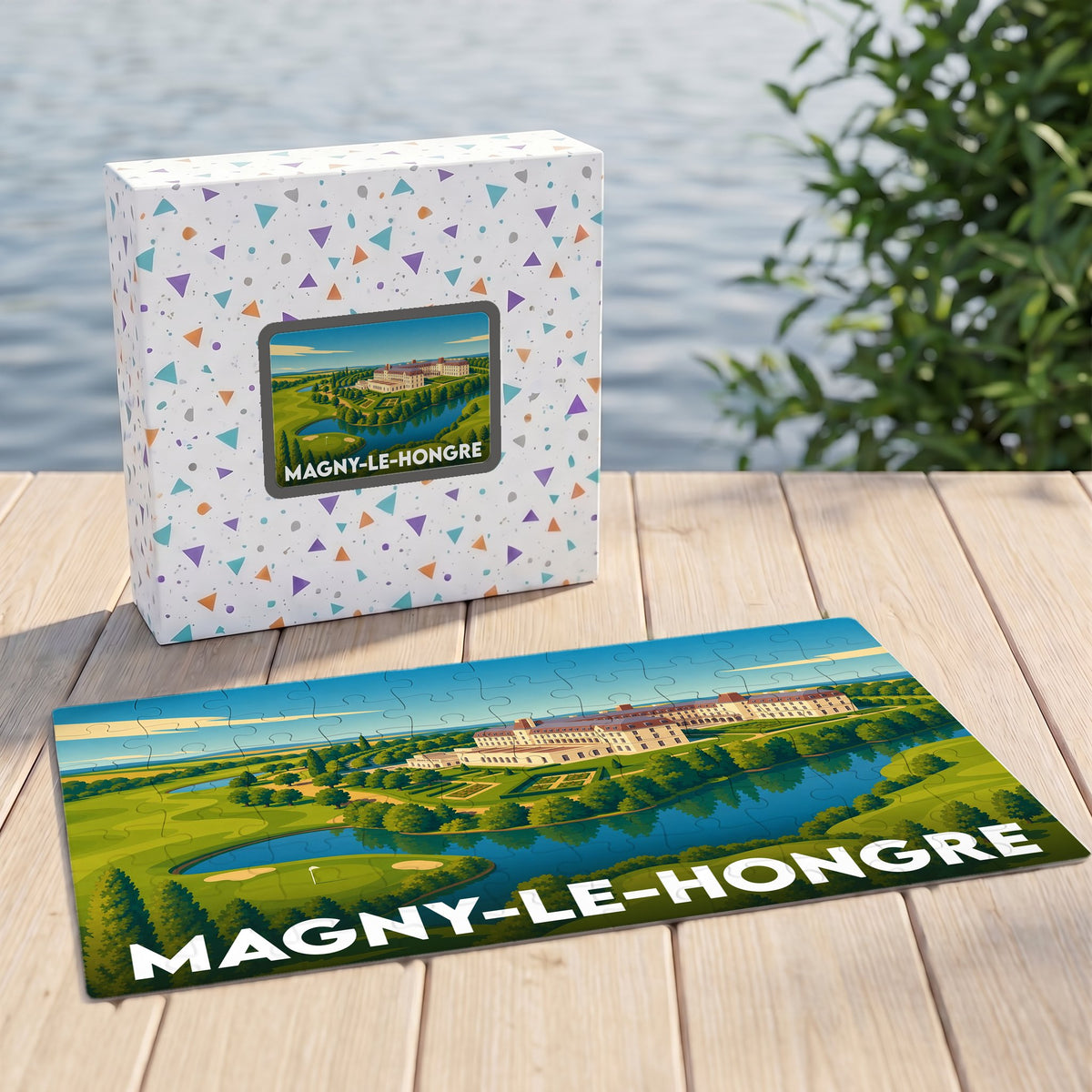 Puzzle souvenir de la ville de Magny-le-Hongre avec une illustration stylisée d'un paysage local.