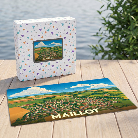 Puzzle souvenir de la ville de Maillot avec une illustration panoramique stylisée.