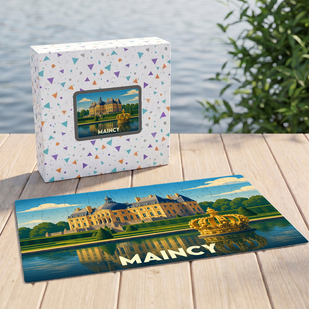 Puzzle souvenir de la ville de Maincy avec une illustration stylisée du château de Vaux-le-Vicomte.