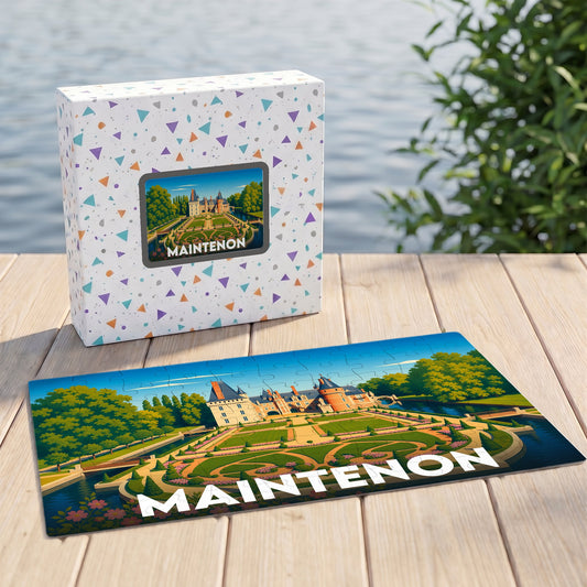 Puzzle souvenir de la ville de Maintenon avec une illustration stylisée du château et de ses jardins.