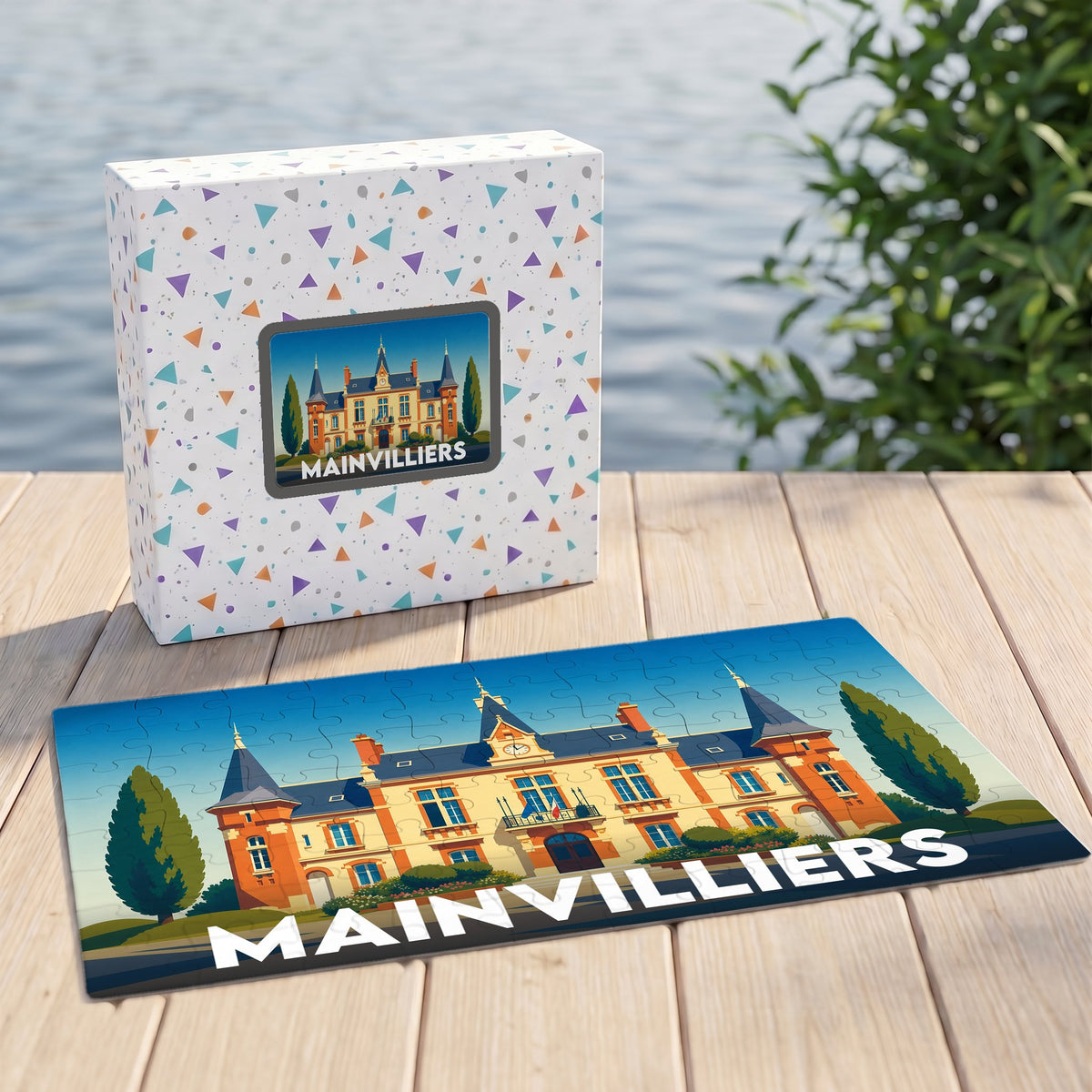 Puzzle souvenir de la ville de Mainvilliers avec une illustration stylisée de son hôtel de ville.