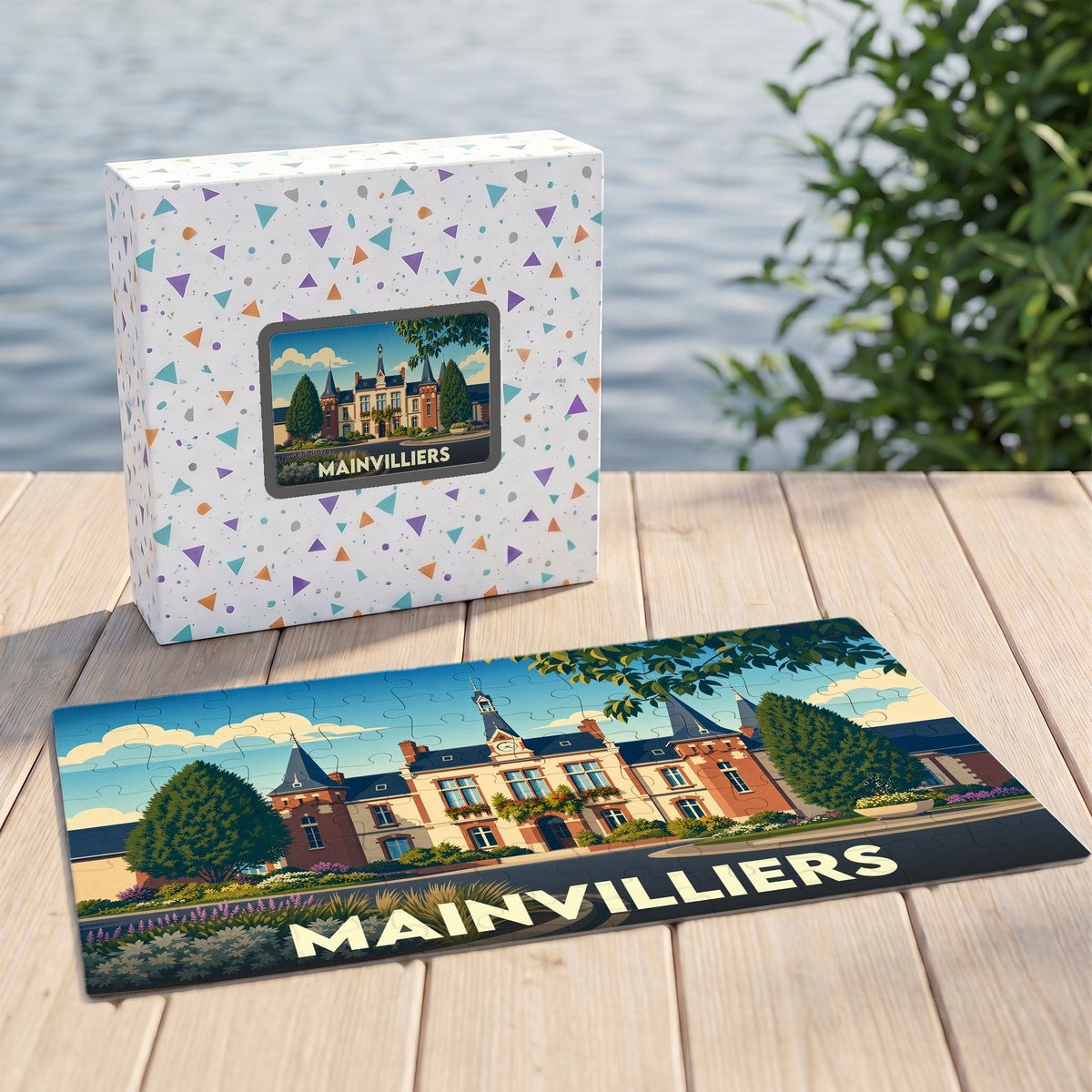 Puzzle souvenir de la ville de Mainvilliers avec une illustration stylisée de son hôtel de ville.