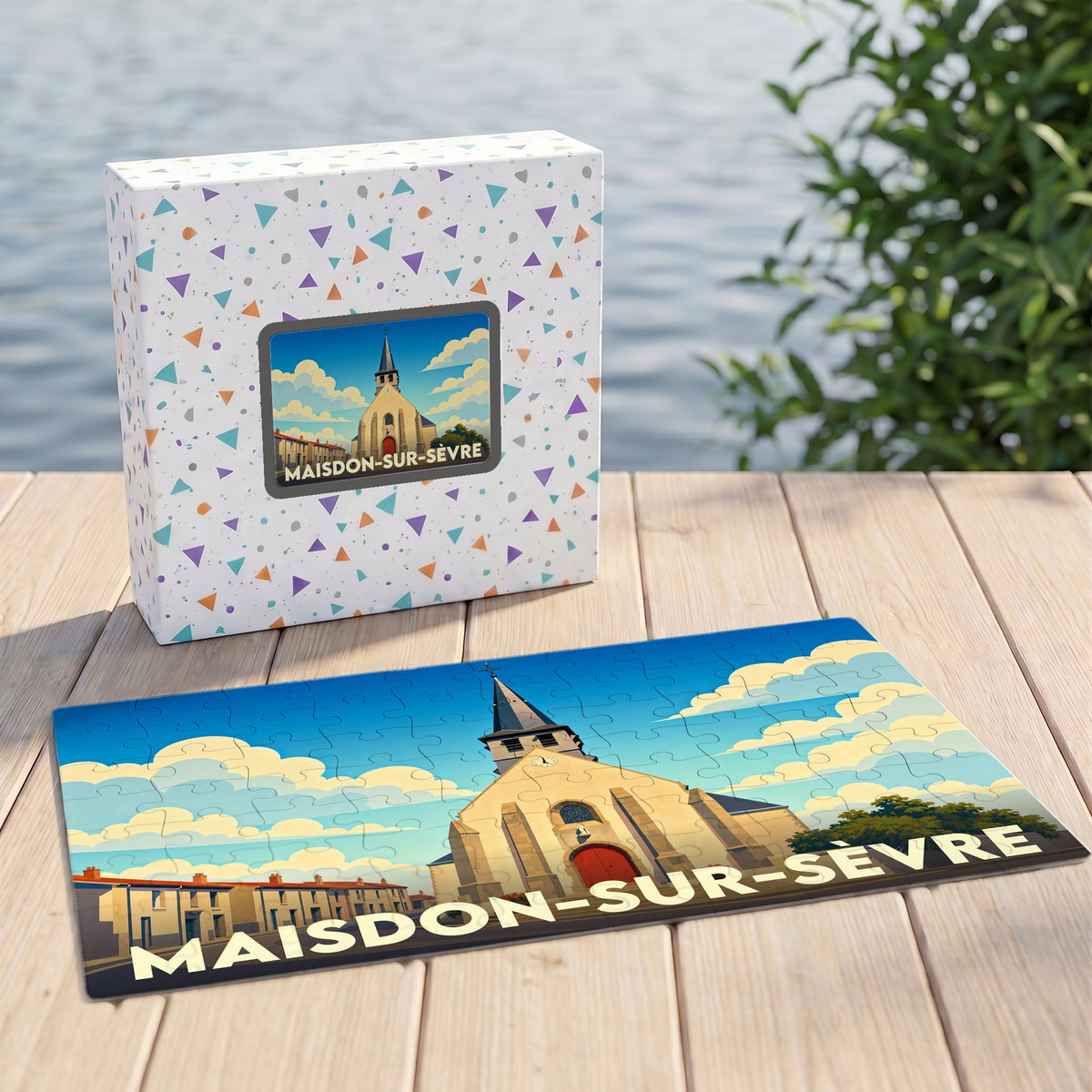 Puzzle souvenir de la ville de Maisdon-sur-Sèvre illustrant son église dans un style graphique épuré.