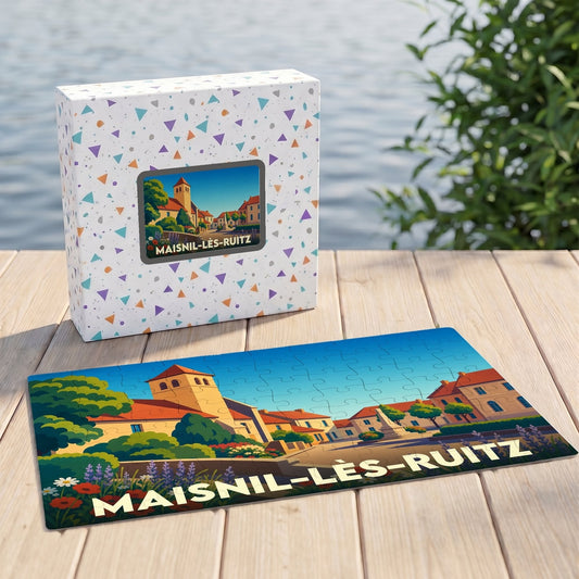 Puzzle souvenir de la ville de Maisnil-lès-Ruitz avec son illustration colorée et stylisée.